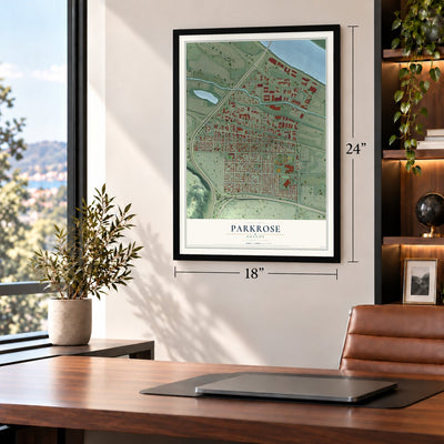 Parkrose, Oregon map, 18 x 24 inch print in a black frame in a home office