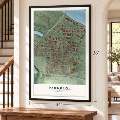 Parkrose, Oregon map, 24 x 36 inch print in a black frame by a staircase