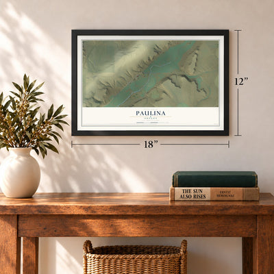 Paulina, Oregon map, 12 x 18 inch print in a black frame in an entryway