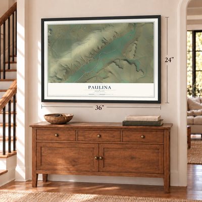 Paulina, Oregon map, 24 x 36 inch print in a black frame above a dresser by a staircase