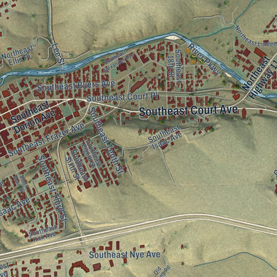 Second close-up of the map of Pendleton, Oregon print showing more streets and buildings