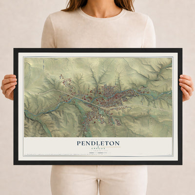 Map of Pendleton, Oregon, 12 x 18 inch print in a black wood frame
