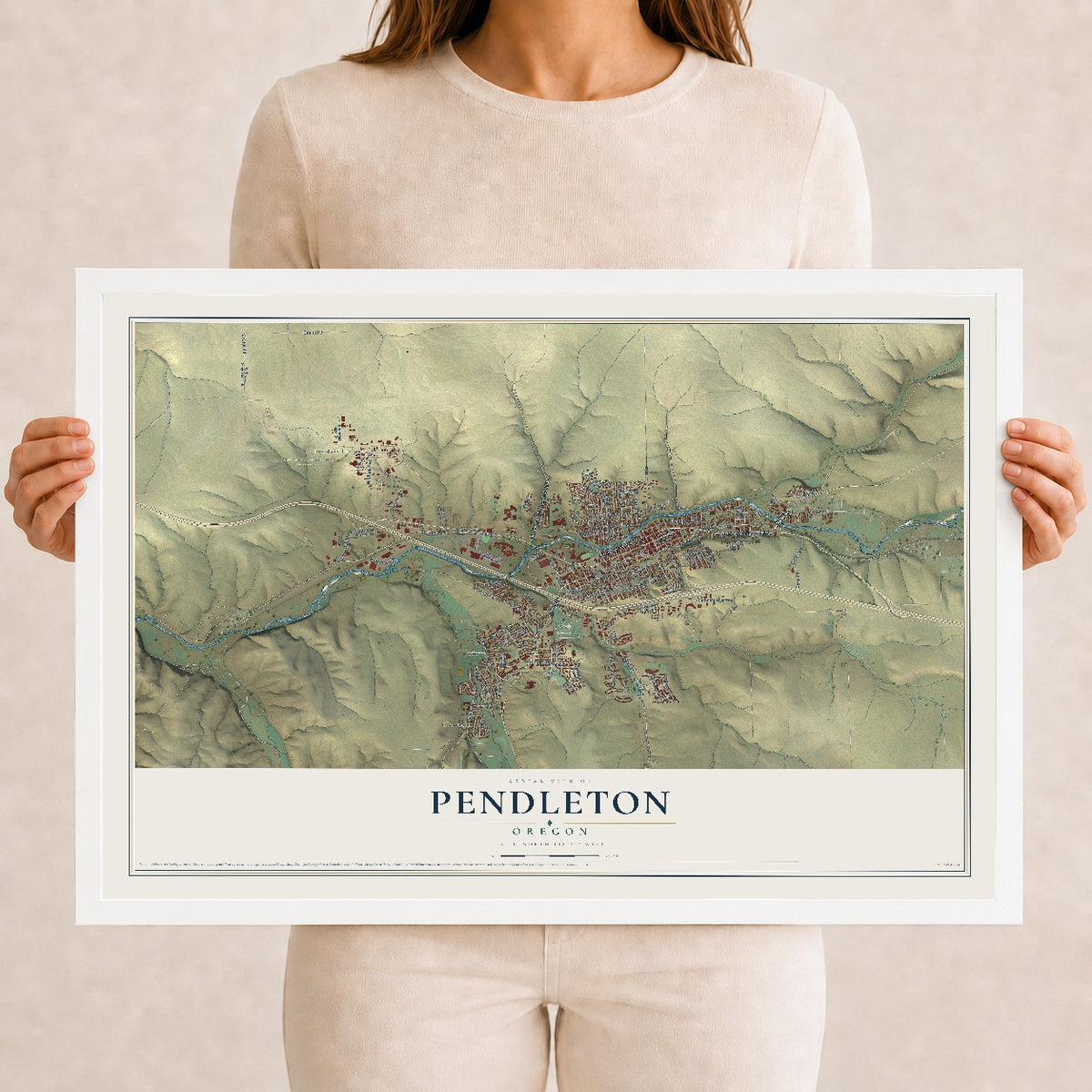Map of Pendleton, Oregon, 12 x 18 inch print in a white wood frame