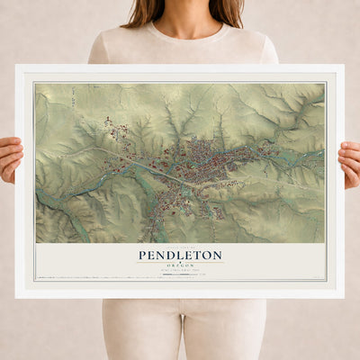 Map of Pendleton, Oregon, 18 x 24 inch print in a white wood frame