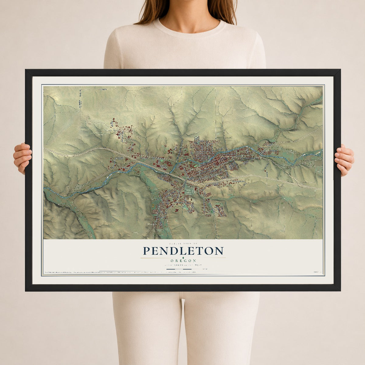 Map of Pendleton, Oregon, 24 x 36 inch print in a black wood frame