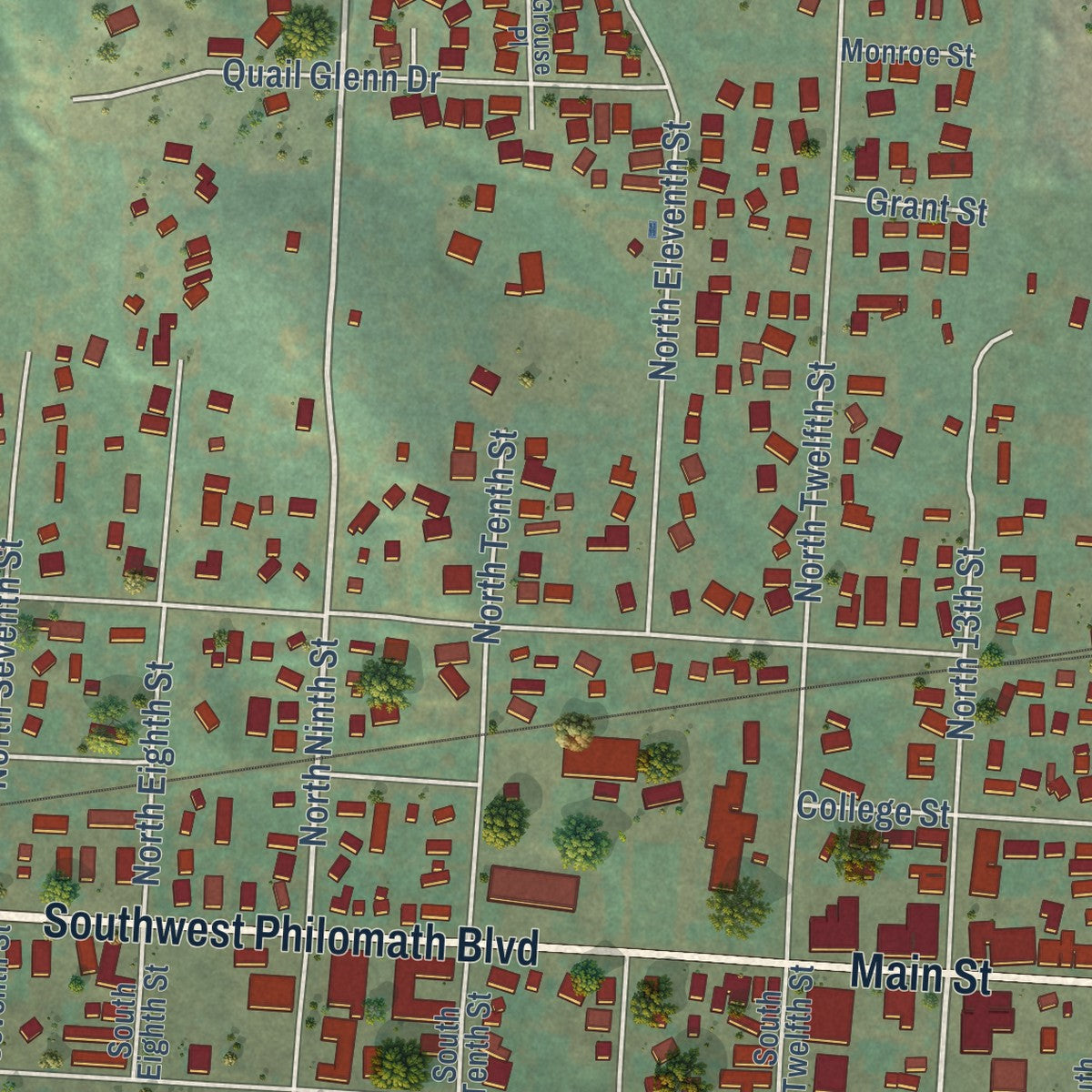Close-up of the map of Philomath, Oregon print showing street and building detail