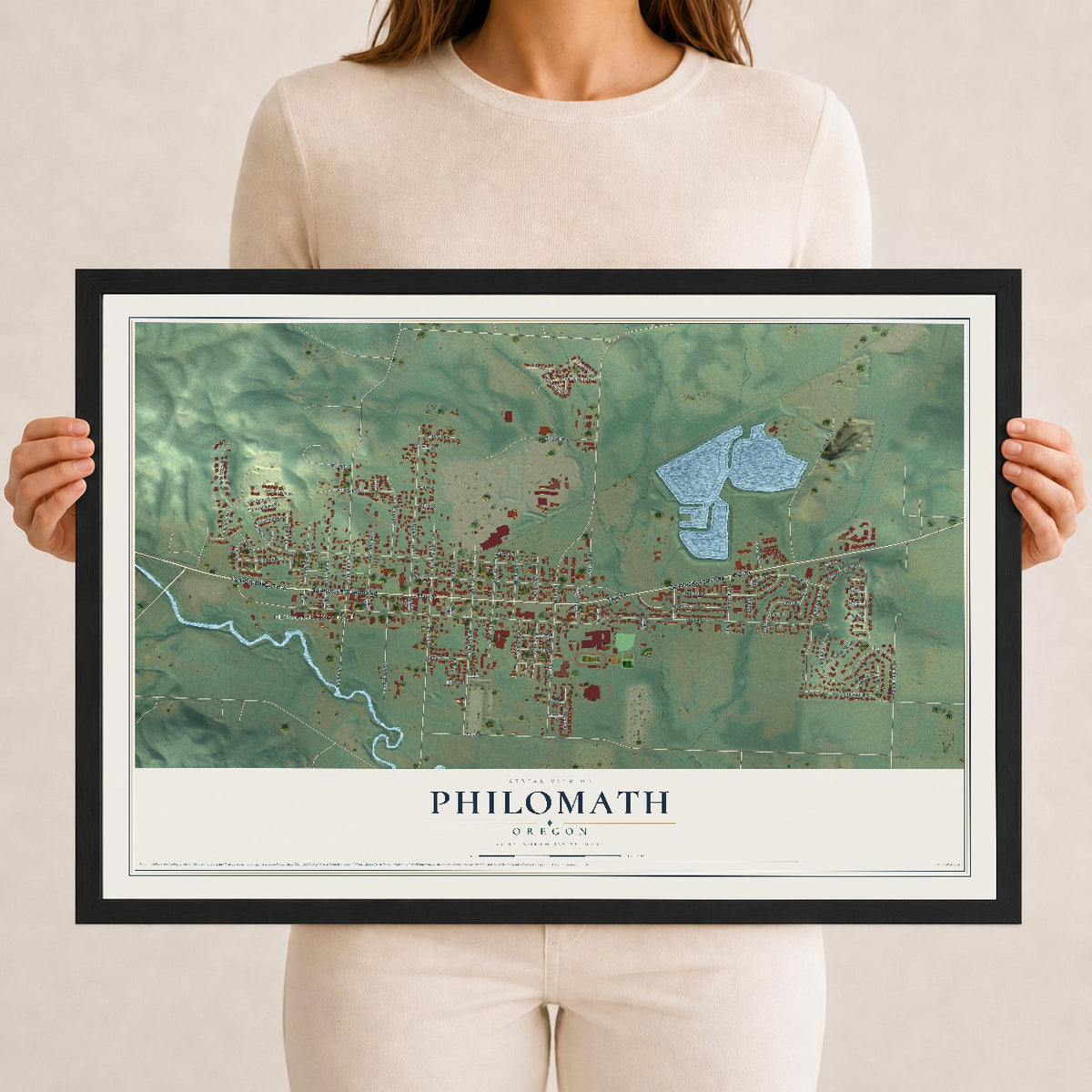Map of Philomath, Oregon, 12 x 18 inch print in a black wood frame