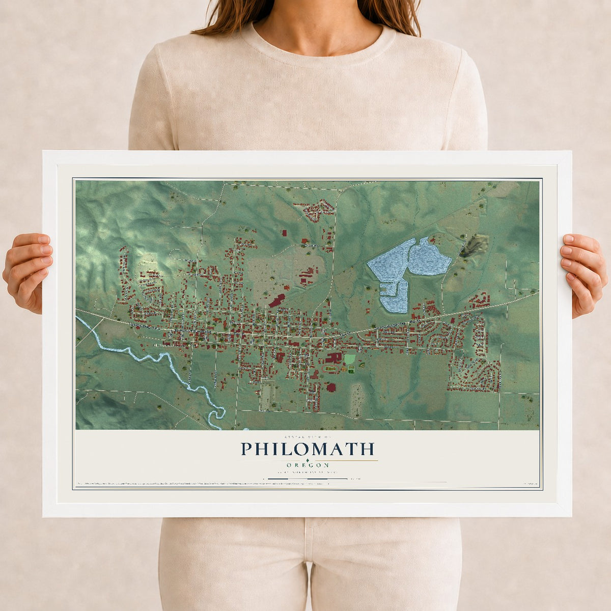 Map of Philomath, Oregon, 12 x 18 inch print in a white wood frame