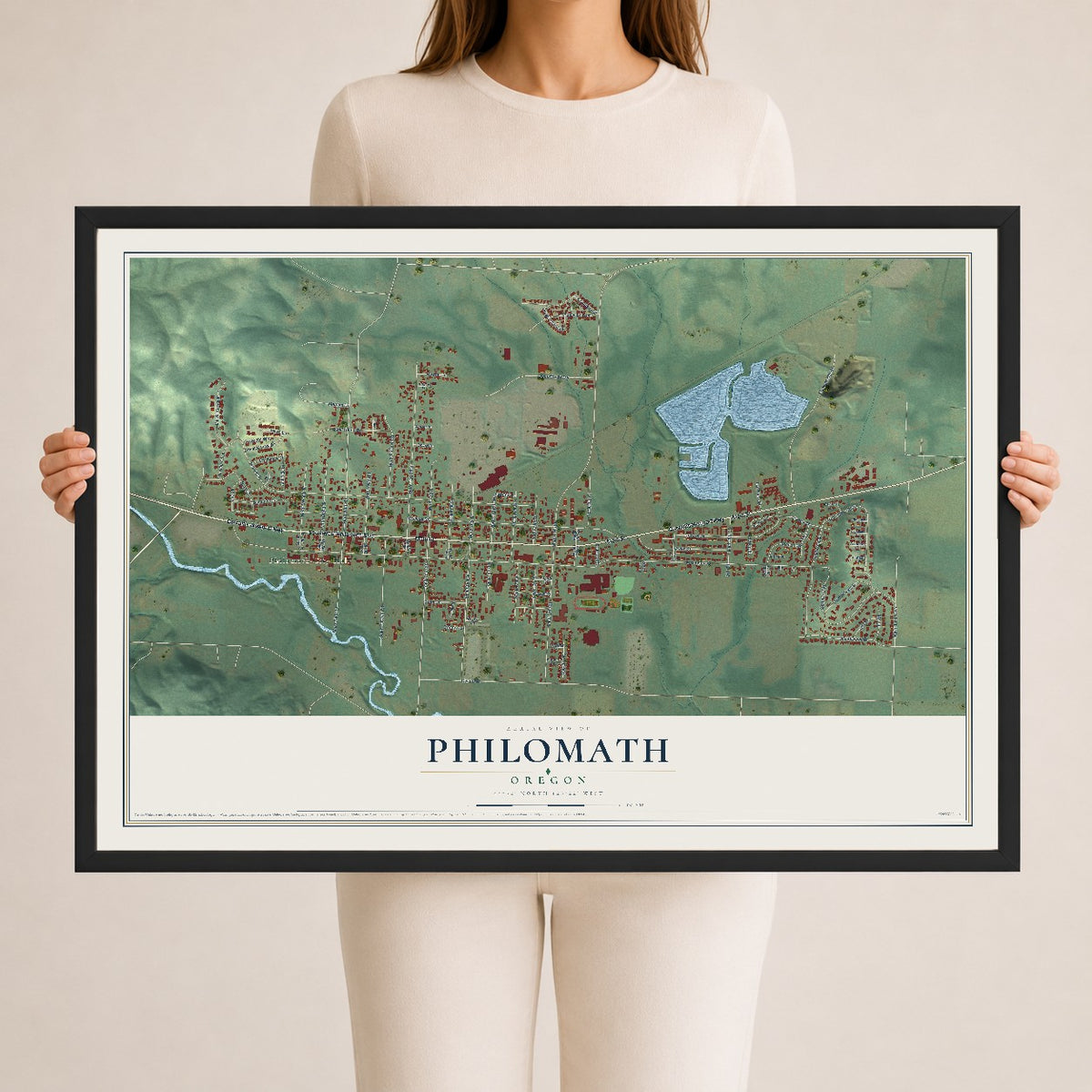 Map of Philomath, Oregon, 24 x 36 inch print in a black wood frame