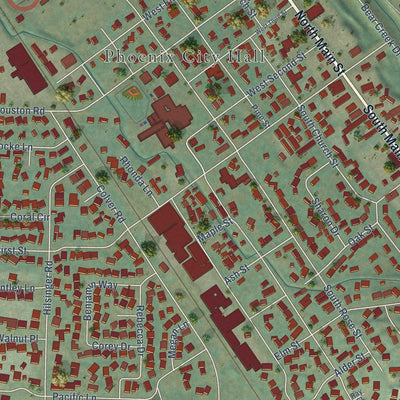 Close-up of the map of Phoenix, Oregon print showing street and building detail
