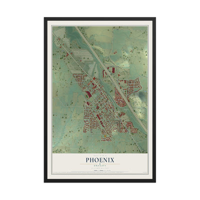 Map of Phoenix, Oregon, 12 x 18 inch print in a black wood frame