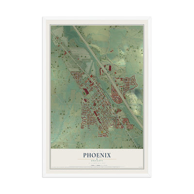Map of Phoenix, Oregon, 12 x 18 inch print in a white wood frame