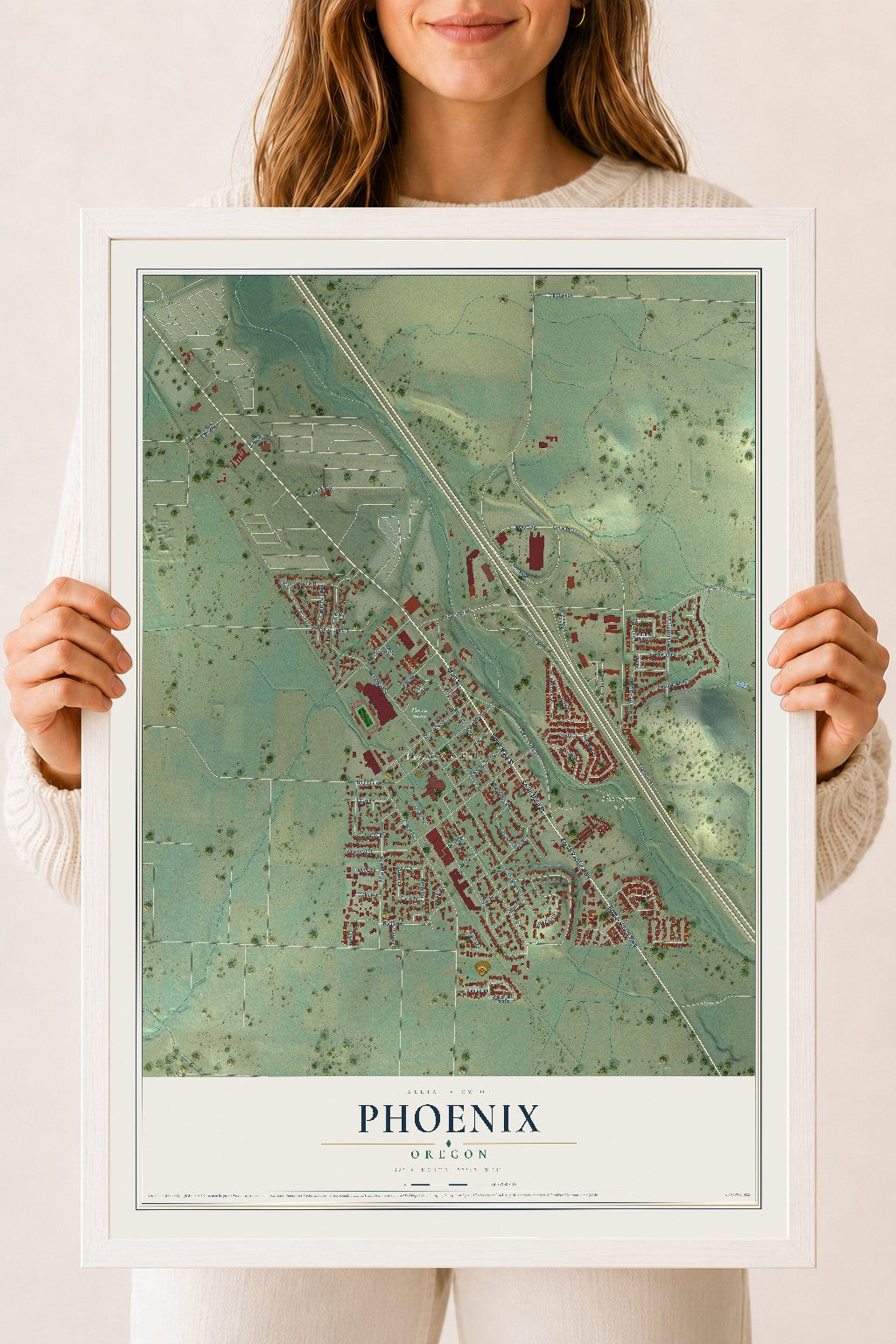 Map of Phoenix, Oregon, 18 x 24 inch print in a white wood frame
