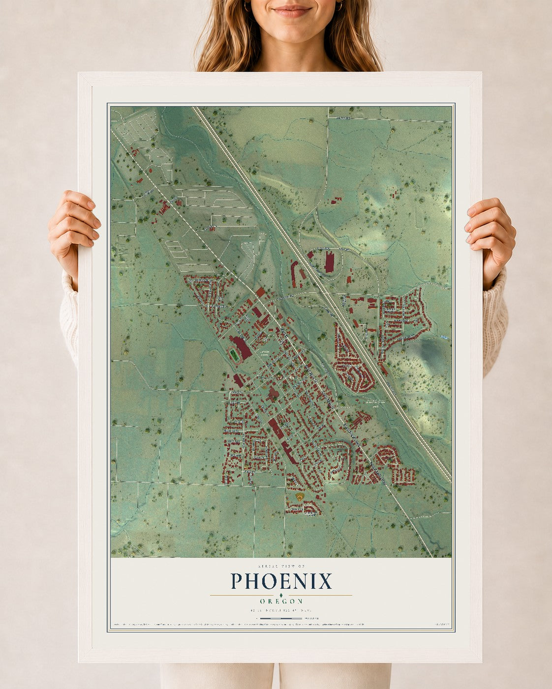 Map of Phoenix, Oregon, 24 x 36 inch print in a white wood frame