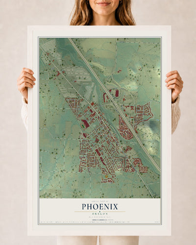 Map of Phoenix, Oregon, 24 x 36 inch print in a white wood frame