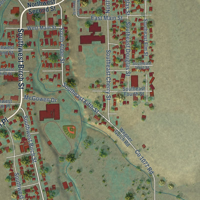 Close-up of the map of Pilot Rock, Oregon print showing street and building detail
