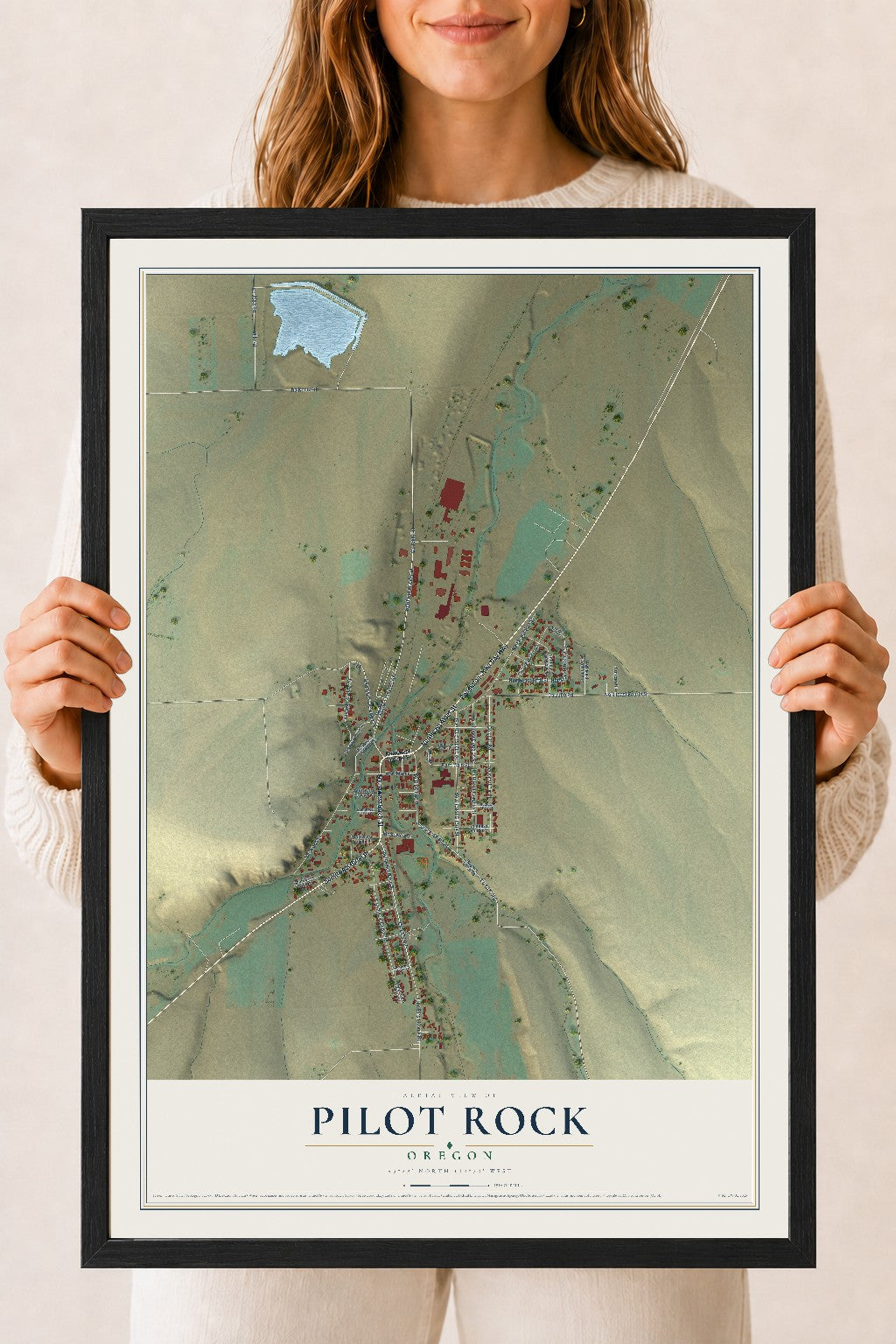 Map of Pilot Rock, Oregon, 18 x 24 inch print in a black wood frame