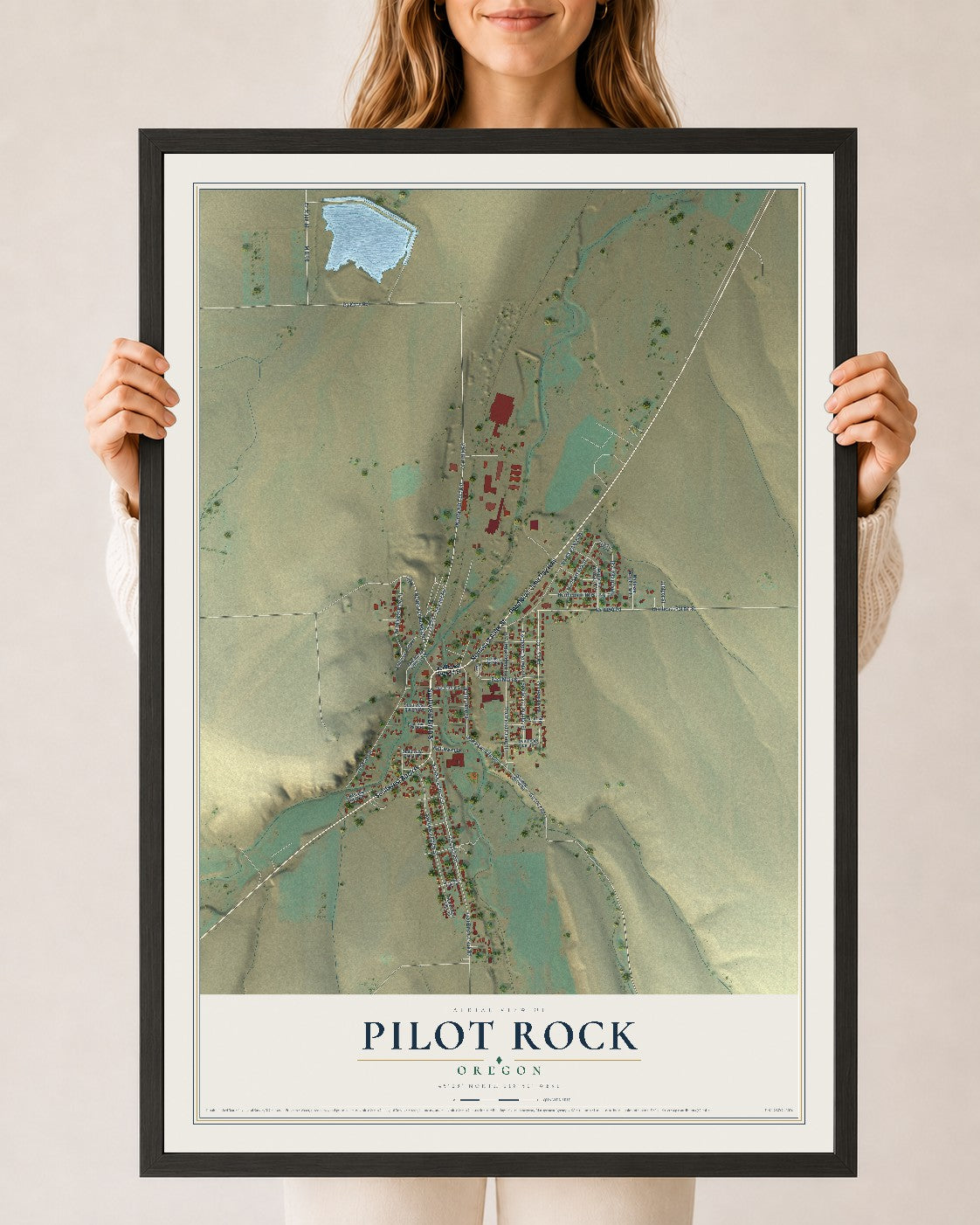 Map of Pilot Rock, Oregon, 24 x 36 inch print in a black wood frame