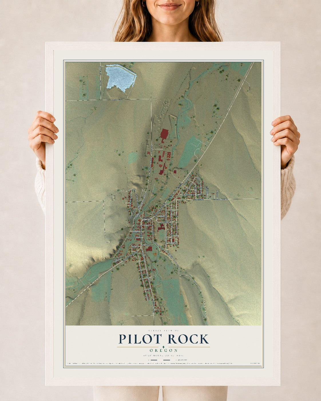 Map of Pilot Rock, Oregon, 24 x 36 inch print in a white wood frame