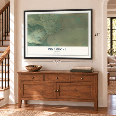 Pine Grove, Oregon map, 24 x 36 inch print in a black frame above a dresser by a staircase