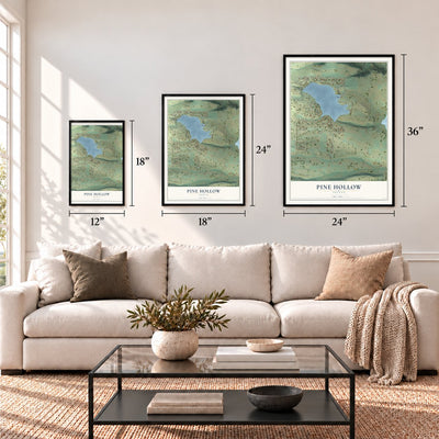 Pine Hollow, Oregon map in 12 x 18, 18 x 24 and 24 x 36 inch sizes above a sofa