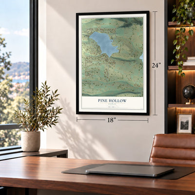 Pine Hollow, Oregon map, 18 x 24 inch print in a black frame in a home office