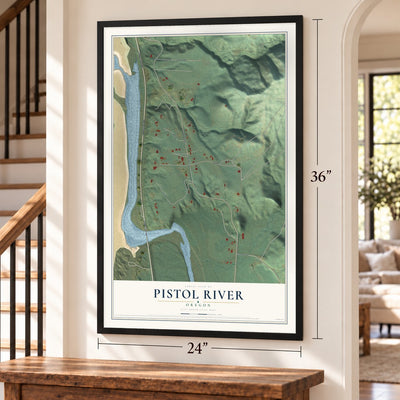 Pistol River, Oregon map, 24 x 36 inch print in a black frame by a staircase