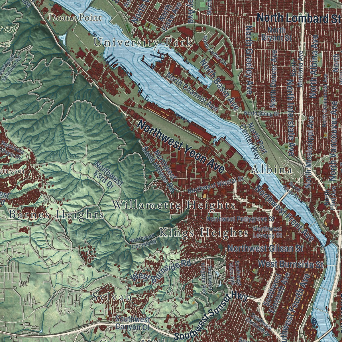 Close-up of the map of Portland, Oregon print showing street and building detail
