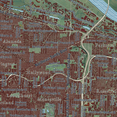Second close-up of the map of Portland, Oregon print showing more streets and buildings