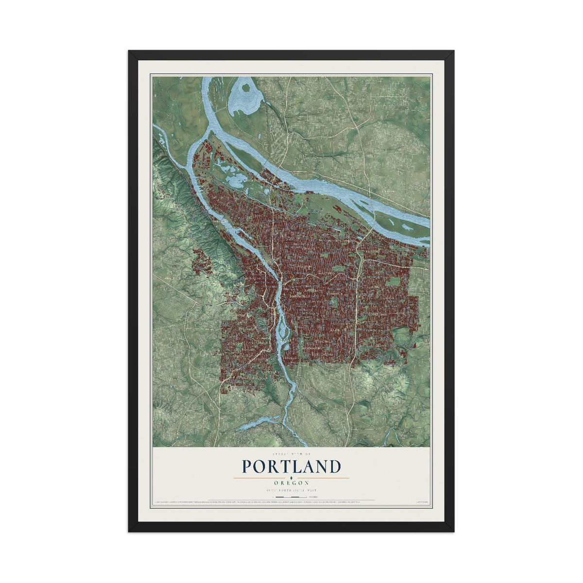 Map of Portland, Oregon, 12 x 18 inch print in a black wood frame