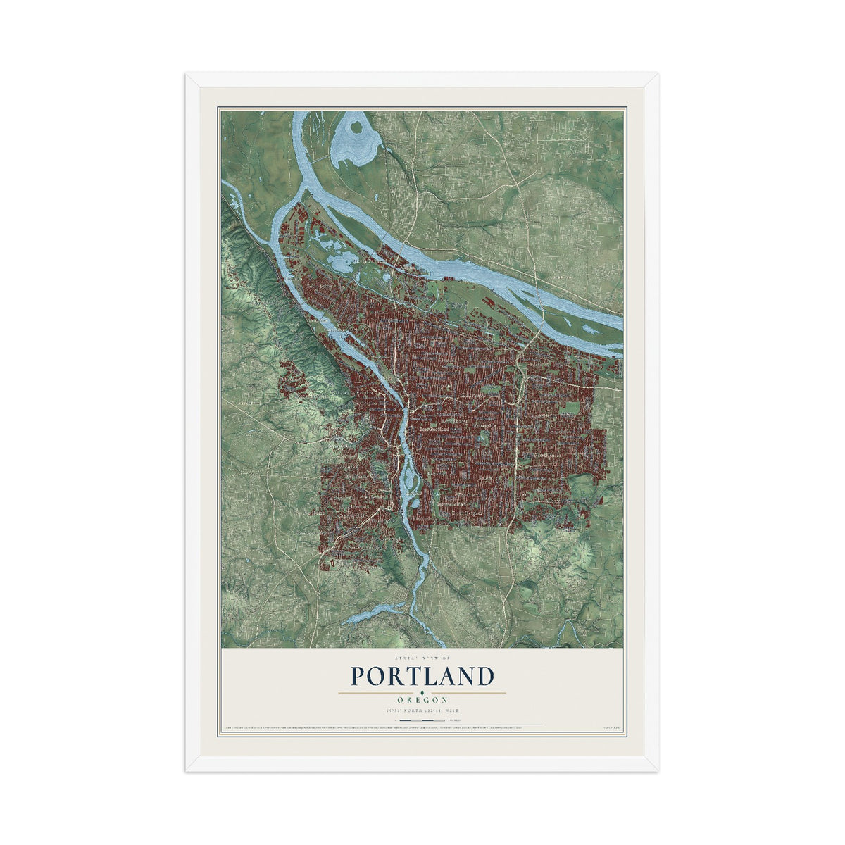 Map of Portland, Oregon, 12 x 18 inch print in a white wood frame