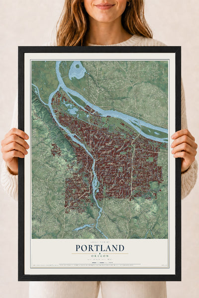 Map of Portland, Oregon, 18 x 24 inch print in a black wood frame