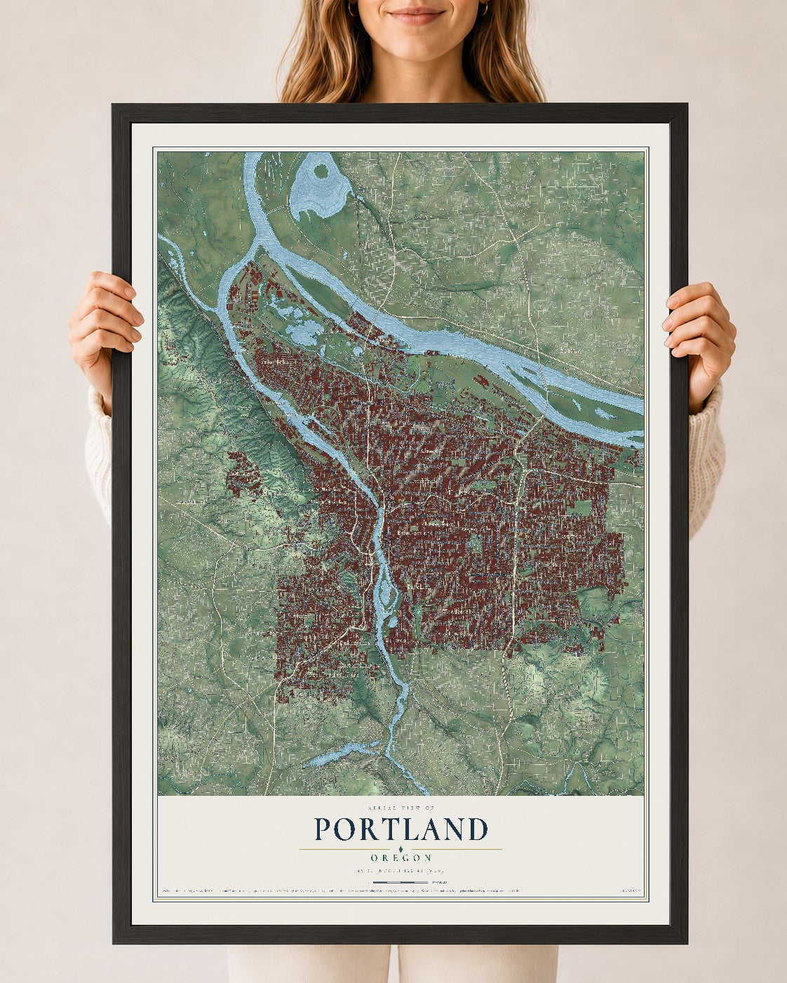 Map of Portland, Oregon, 24 x 36 inch print in a black wood frame