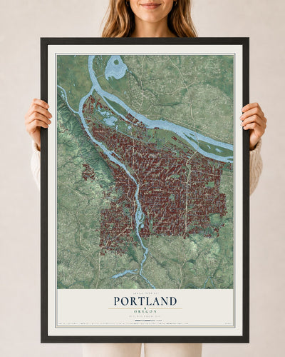 Map of Portland, Oregon, 24 x 36 inch print in a black wood frame