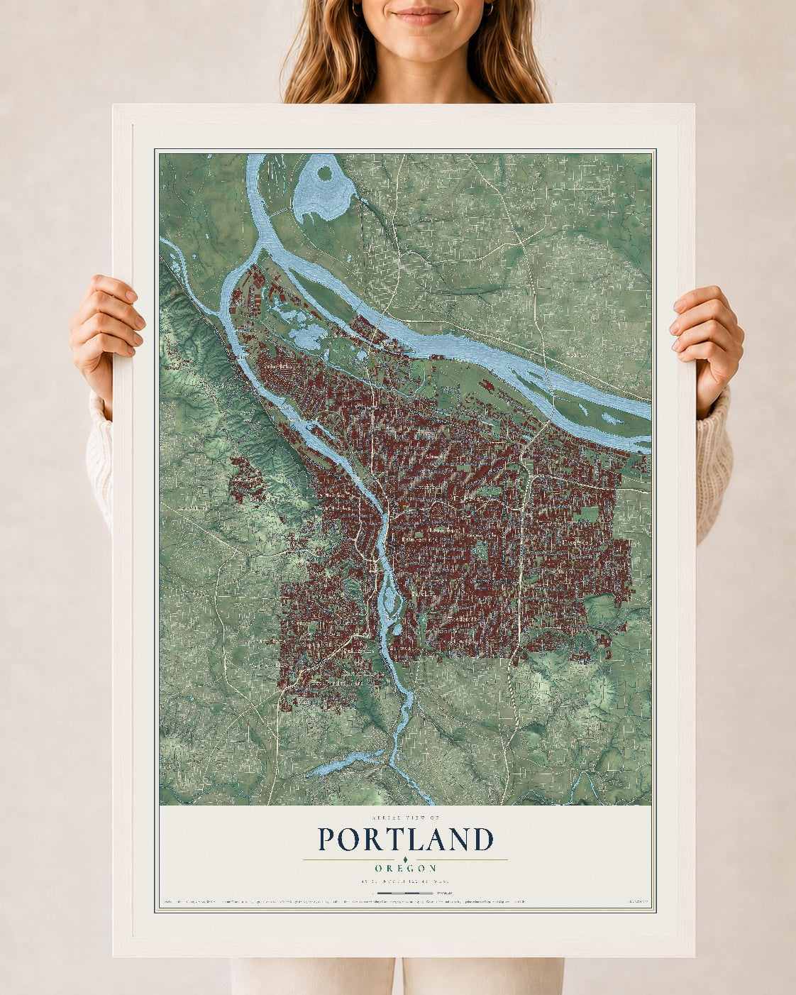 Map of Portland, Oregon, 24 x 36 inch print in a white wood frame