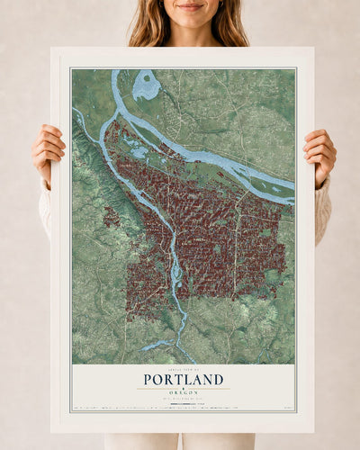 Map of Portland, Oregon, 24 x 36 inch print in a white wood frame