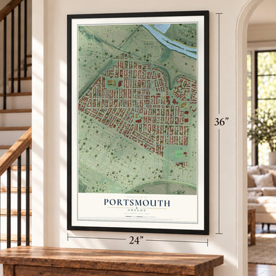 Portsmouth, Oregon map, 24 x 36 inch print in a black frame by a staircase