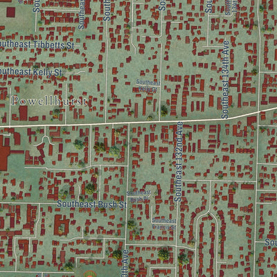 Close-up of the map of Powellhurst-Gilbert, Oregon print showing street and building detail