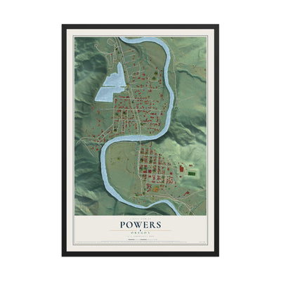 Map of Powers, Oregon, 12 x 18 inch print in a black wood frame