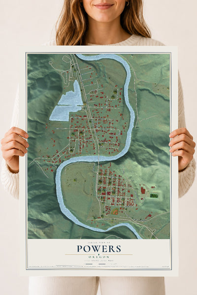 Map of Powers, Oregon, 18 x 24 inch unframed archival matte print