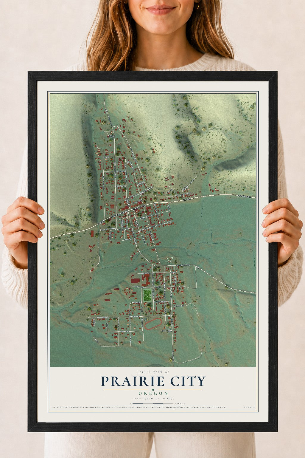 Map of Prairie City, Oregon, 18 x 24 inch print in a black wood frame