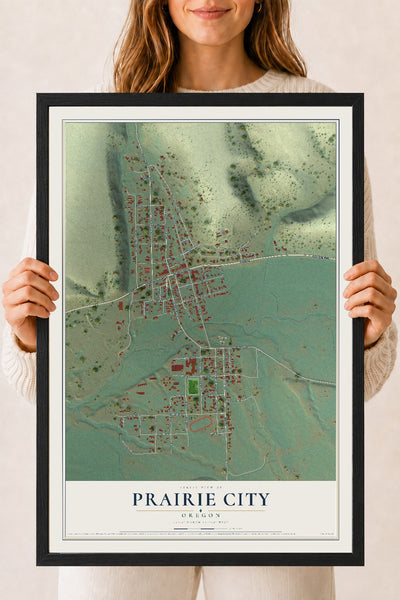 Map of Prairie City, Oregon, 18 x 24 inch print in a black wood frame