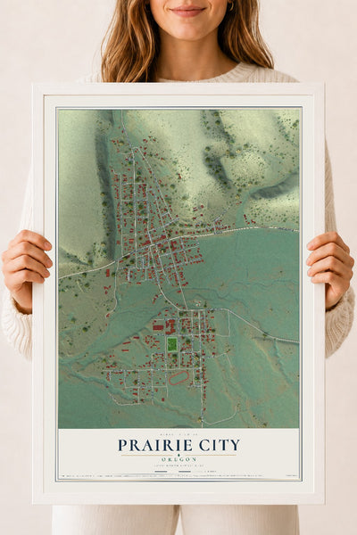 Map of Prairie City, Oregon, 18 x 24 inch print in a white wood frame