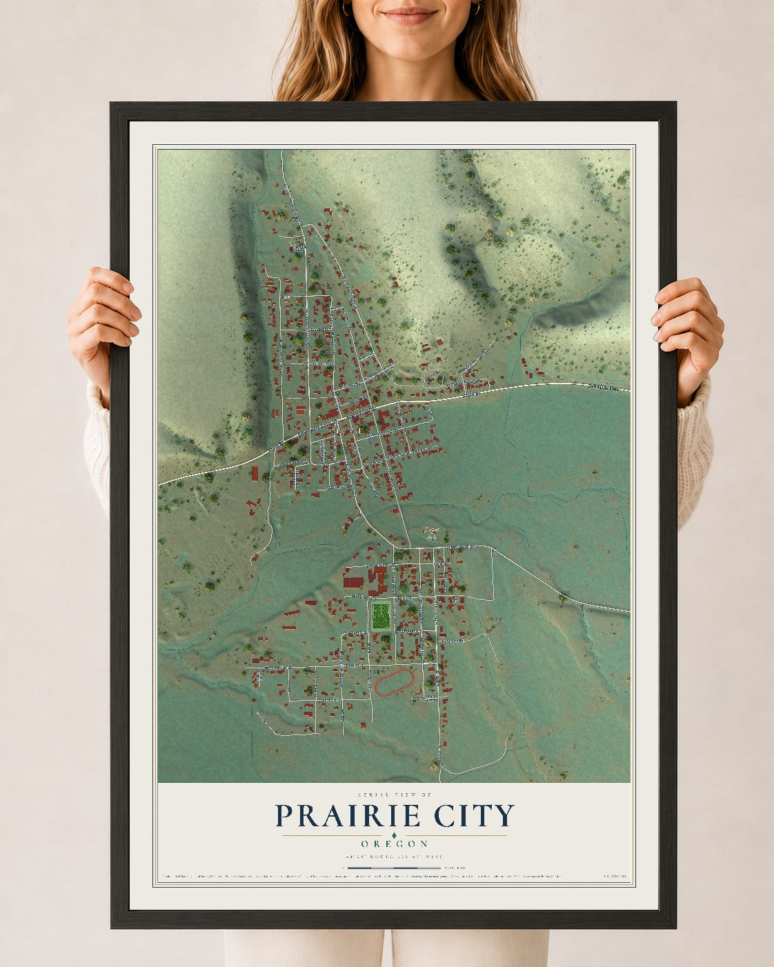 Map of Prairie City, Oregon, 24 x 36 inch print in a black wood frame