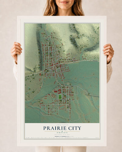 Map of Prairie City, Oregon, 24 x 36 inch print in a white wood frame