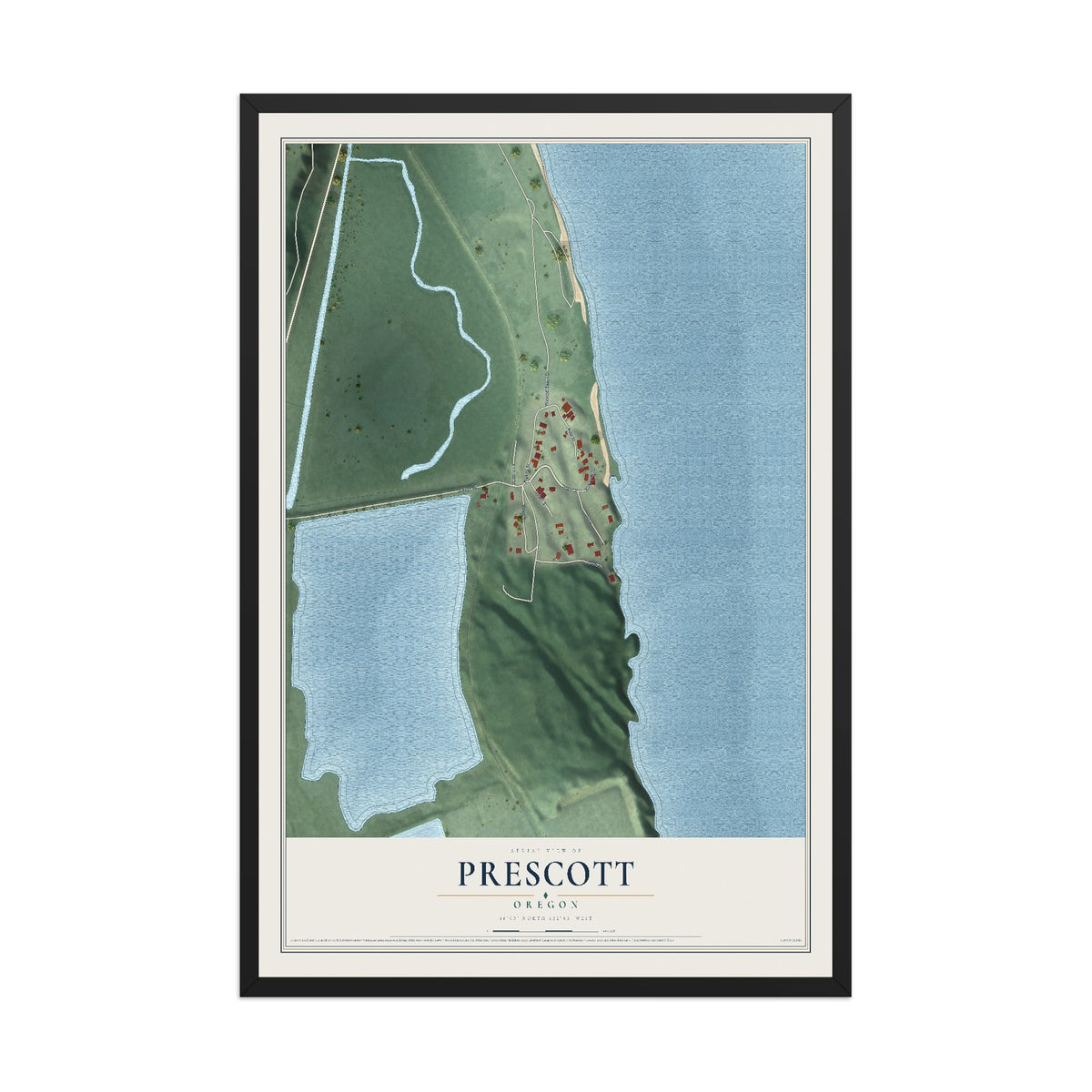 Map of Prescott, Oregon, 12 x 18 inch print in a black wood frame