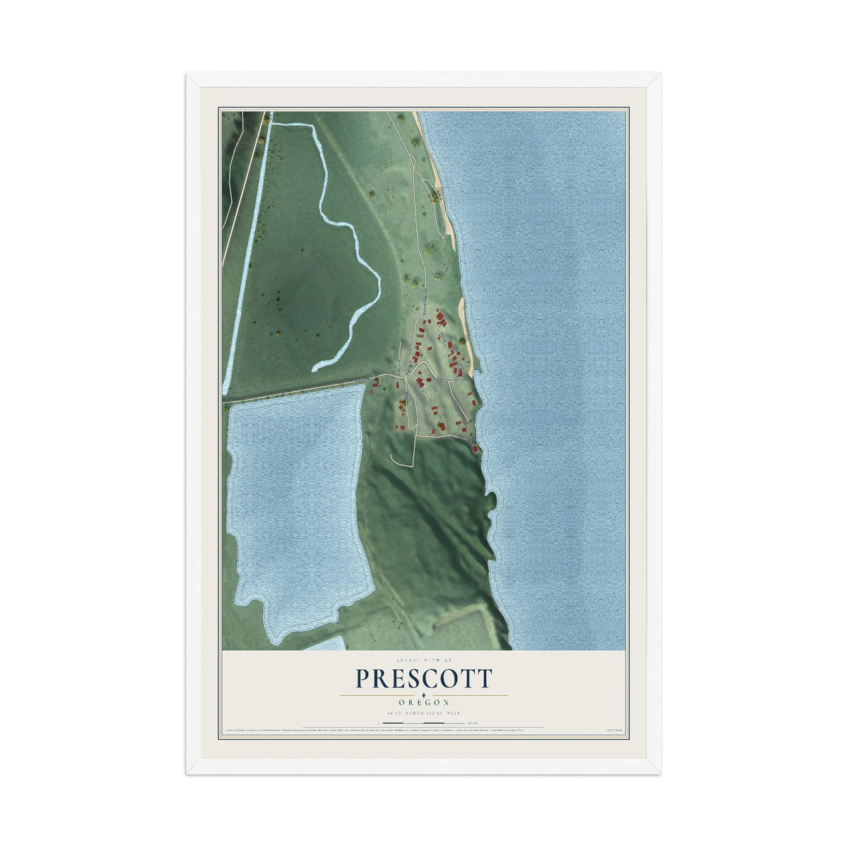 Map of Prescott, Oregon, 12 x 18 inch print in a white wood frame