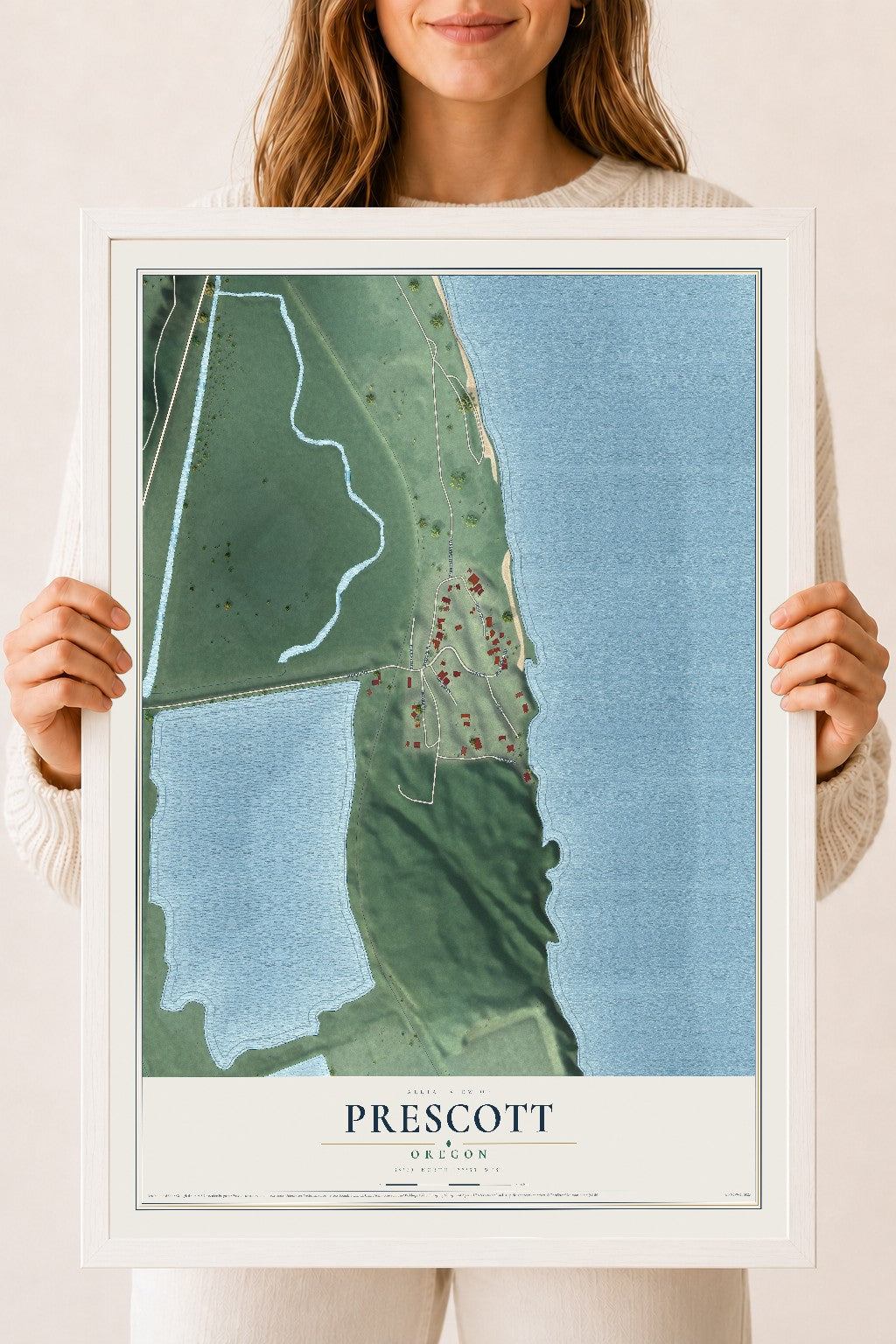 Map of Prescott, Oregon, 18 x 24 inch print in a white wood frame
