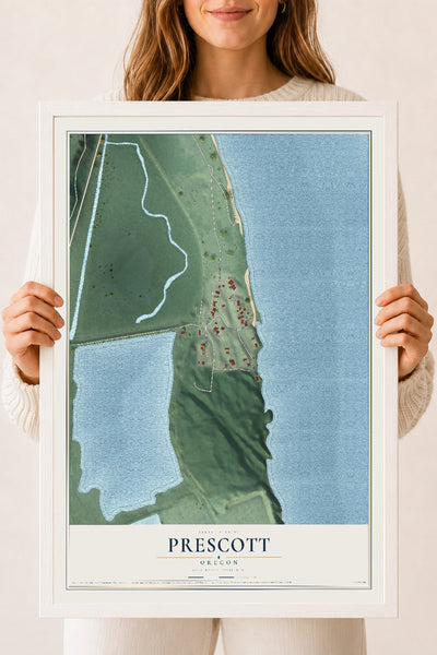 Map of Prescott, Oregon, 18 x 24 inch print in a white wood frame