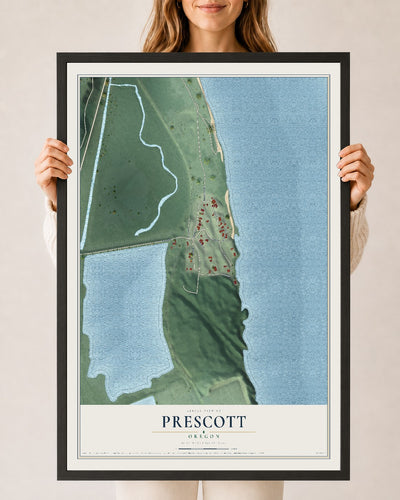 Map of Prescott, Oregon, 24 x 36 inch print in a black wood frame